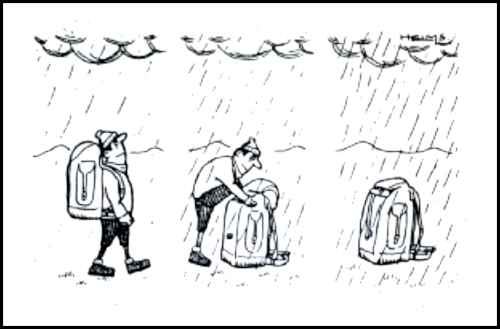 Cartoon on dealing with rain showers by climbing into your backpack